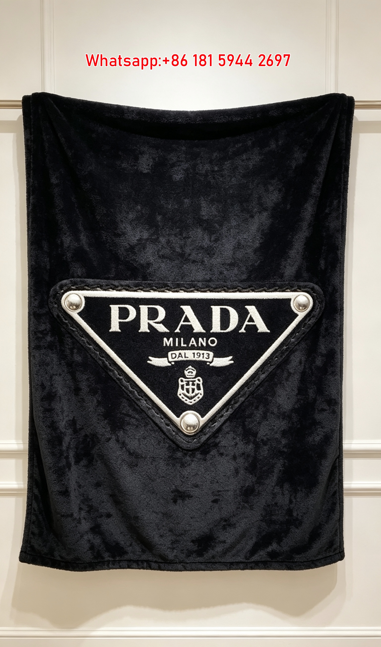 Prada Black and Silver Triangle Logo Print Flannel Throw Blanket IMG_2769
